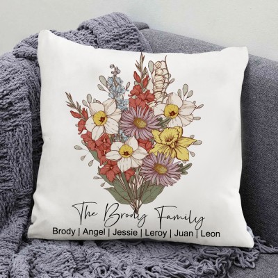 Custom Mom's Garden Birth Flower Bouquet Pillow Heartful Family Gift For Mom Grandma Mother's Day Gift Ideas
