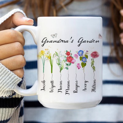 Custom Grandma With Grandkids' Names and Birth Month Flowers Mug Grandma's Garden Mug Gift Ideas for Mom Grandma
