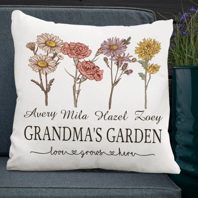 Custom Grandma's Garden Family Birth Flower Pillow Engraved with Names Gifts for Mom Grandma Mother's Day Gift 