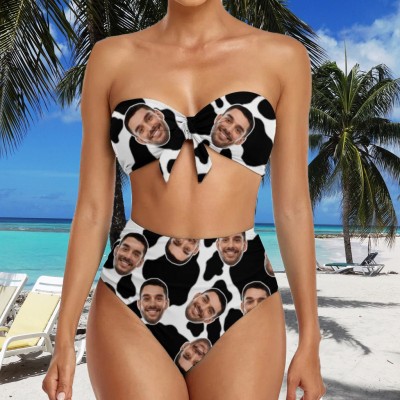 Personalized Face Print Strapless Bow Top High Waist Bikini Set Birthday Party Gift Vacation Couple Gift