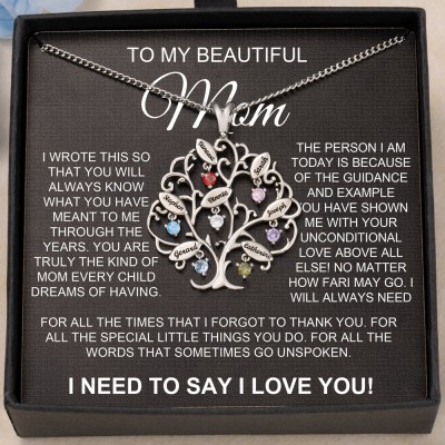 To My Beautiful Mom Personalized Tree of Life Name Necklace with Birthstone Design Gifts for Mom 