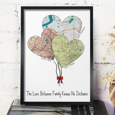 Personalized Long Distance Family Map Art Heart Balloons Map Frame Family Keepsake Gifts for Mom Christmas Gifts Anniversary Gifts