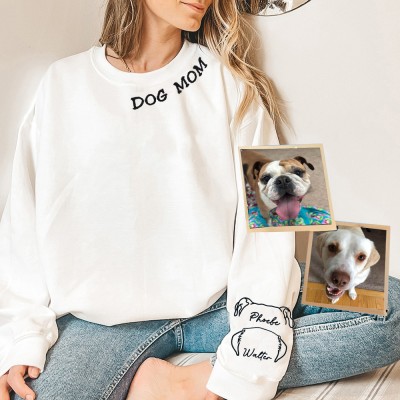 Personalized Dog Mom Embroidered Ear Outline On The Sleeve Sweatshirt Gift Ideas for Pet Lovers