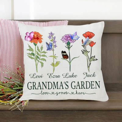 Grandma's Garden Throw Pillow with Grandkids Names Family Birth Flower Pillow Personalized Gifts for Grandma Mom Home Decoration