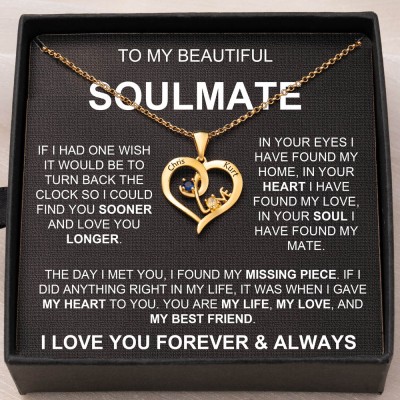 Personalized To My Soulmate Heart Shaped Necklace with 2 Names and Birthstones Love Gift Ideas for Girlfriend Wife Christmas Gifts for Her