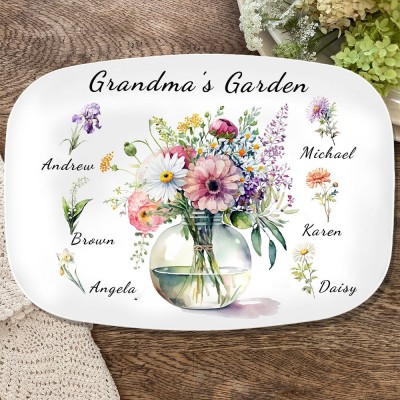 Grandma's Garden Birth Flower Plate Personalized Family Platter Gifts for Mom Grandma Christmas Gift Ideas
