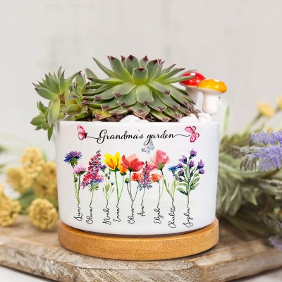 Custom Grandma's Garden Birth Month Flower Plant Pot with Grandkids Name Mother's Day Gift