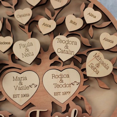 Our Family Personalized Wooden Family Tree Sign with Names Engraved in Hearts Gift for Mom Grandma Family Home Decoration
