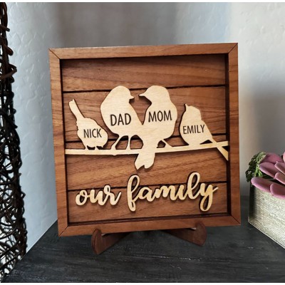 Personalized Birds Family Tree Wood Sign Name Engravings Home Wall Decor Gifts for Mom Grandma Anniversary Gift for Wife