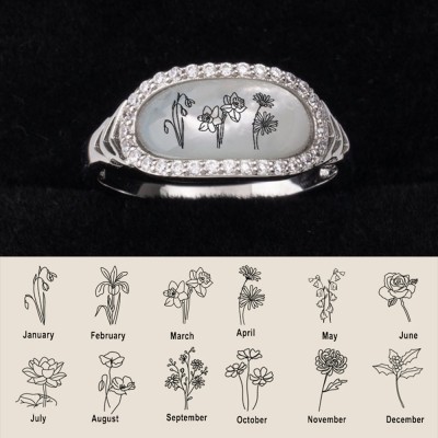 Personalized Shell Birth Flower Ring Floral Signet Ring Mother's Day, Christmas Gift