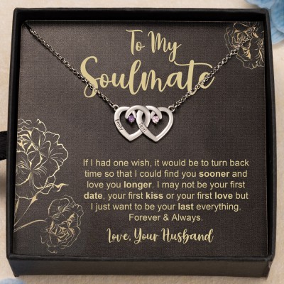 Personalized To My Soulmate Double Heart Birthstone Necklace with Names Gifts for Her Anniversary Gifts Valentine's Day Gifts