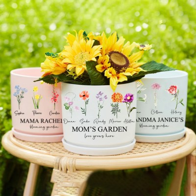 Personalized Grandma's Garden Outdoor Birth Flower Plant Pot with Kids Name Mother's Day Gifts Ideas
