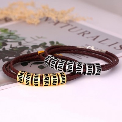 Brown Leather Beads Bracelet Small Custom Bead in Silver