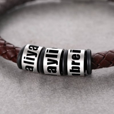 Personalized Brown Leather Bracelet With 1-10 Beads
