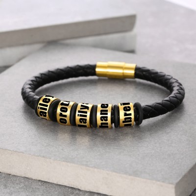 Personalized Black Leather Bracelet With 1-10 Beads