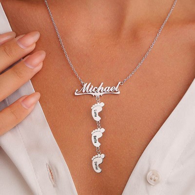 Personalized Mom's Name Necklace With 1-10 Baby Feet Pendants Gift for Mom