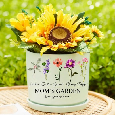 Personalized Mom's Garden Outdoor Birth Flower Pot with kids name Gift for Mother's Day
