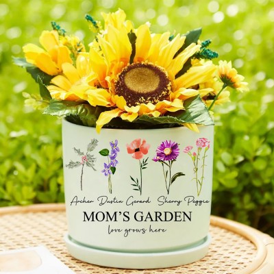 Personalized Mom's Garden Outdoor Birth Flower Pot with Kids Name Gift for Mother's Day