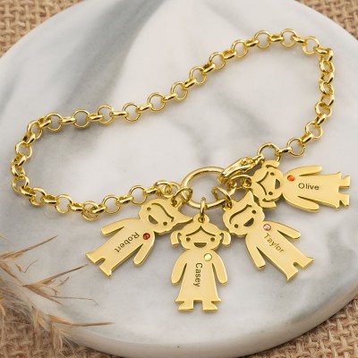18K Gold Plating Personalized Engravable Bracelet with 1-6 Children Pendants
