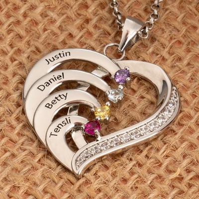 Personalized Heart Name Necklace with 1-6 Birthstones Designs