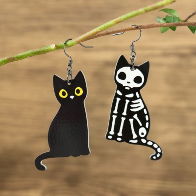Halloween Mismatched Cat Skeleton Earrings Gift For Her