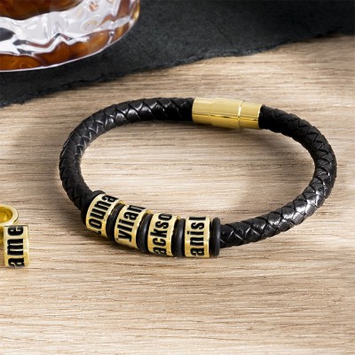 Personalized Black Leather Bracelet With 1-10 Beads