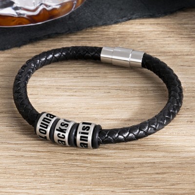 Personalized Black Leather Bracelet With 1-10 Beads