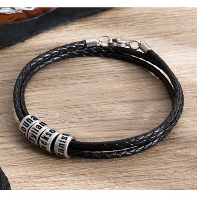 Braided Leather Bracelet with Small Custom Beads In Silver