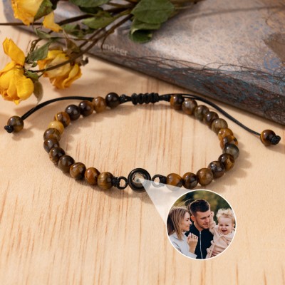 Custom Tiger's Eye Stone Mens Beaded Photo Projection Bracelet with Picture Inside Gifts for Dad Husband Christmas Gifts