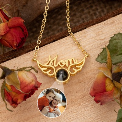 Personalized Projection Photo Necklace with Wings Charm Gift Ideas for Mom Christmas Gifts