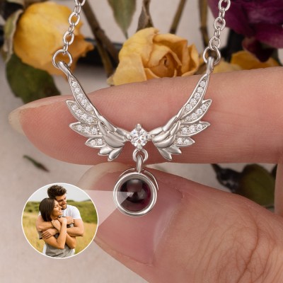 To My Soulmate Personalized Wings Charm Photo Projection Necklace with Picture Inside Gifts for Girlfriend Wife Christmas Gifts