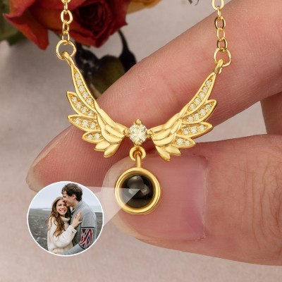 Custom To My Soulmate Wings Charm Photo Projection Necklace Memorial Gifts for Her Christmas Gifts