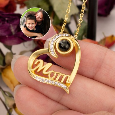 To My Mom Personalized Heart Pendant Photo Projection Necklace with Picture Inside Christmas Gifts for Mom