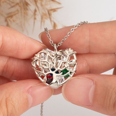 Heart Shape Family Tree Caged Pendant Necklace with 1-8 Birthstones