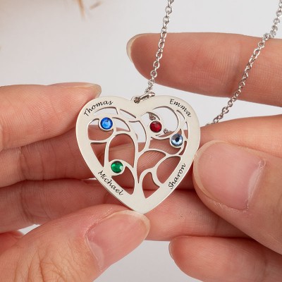 Personalized Heart Family Tree Necklace With 1-7 Birthstone, Customized Necklace for Mom, for Her