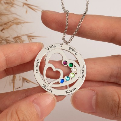 Personalized Double Heart Necklace with 1-7 Birthstones and Name