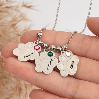 Personalized Multiple Paw Print Birthstone Name Necklace with 1-5 Charms