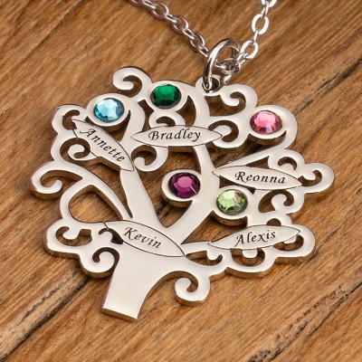 Personalized Birthstones Family Tree Necklace with 1-6 Names Customize Family Jewelry