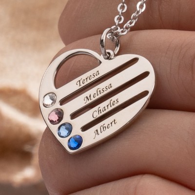 Personalized Heart Necklace with 1-4 Birthstones and Engravings