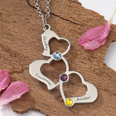 Personalized Heart Charm Engraved Name Necklace with Birthstone Designs Gift for Her Birthday Gift for Mom Anniversary Gift for Wife