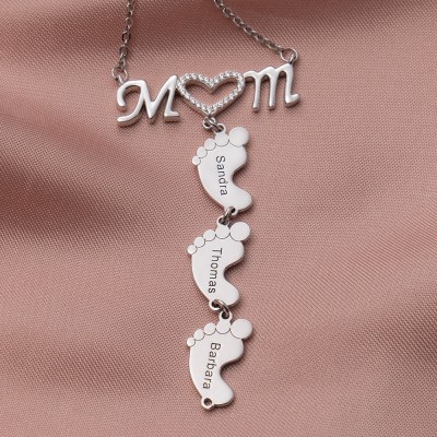 Personalized Inlay Mom Necklace With Baby Feet Pendant 1-10 Pendants