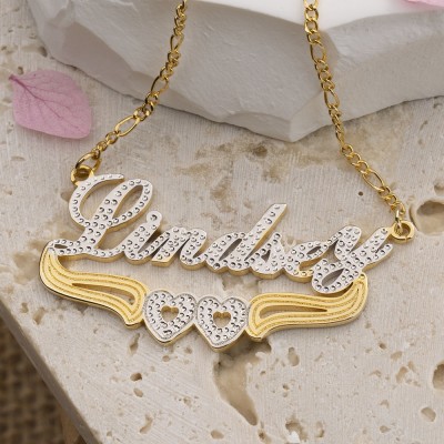 18K Gold Plating Personalized Two-Color Name Necklace with Heart Decoration Below