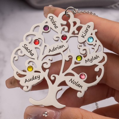 Personalized Birthstones Family Tree Necklace with 1-15 Names Customize Family Jewelry