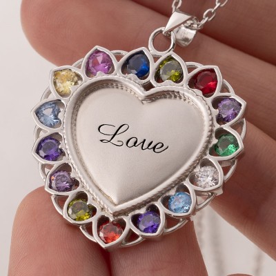 Personalized Heart Shape Necklace With 1-15 Birthstones for Mom,Grandma