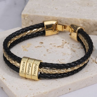 Braided Layered Leather Bracelet with Small Custom Silver and Gold Beads 1-10 Beads