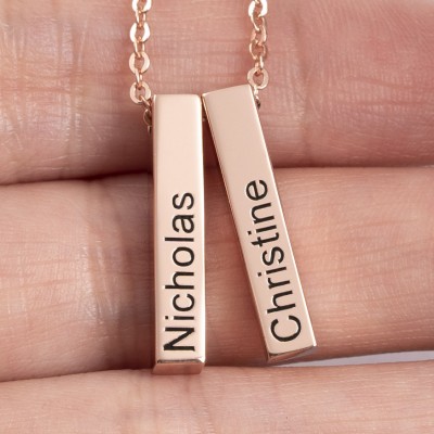 18K Rose Gold Plating Personalized 1-3 Engraved Bars Engravable Vertical 3d Bar Necklace