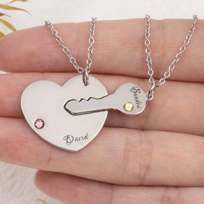 Personalized Engraved Necklace Key To My Heart Name Pendant Set For Couple