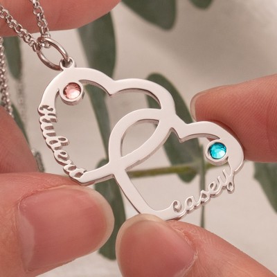 Personalized Heart In Heart Names Necklace With Birthstones