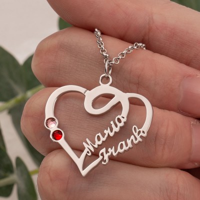 Personalized Couple Heart Names Necklace With Birthstones