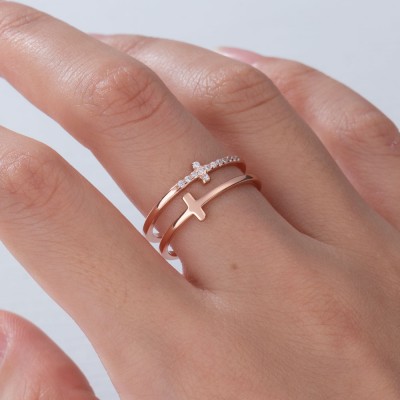 Pray Through It Pave Double Cross Ring Religious Minimalist Ring Gift for Her